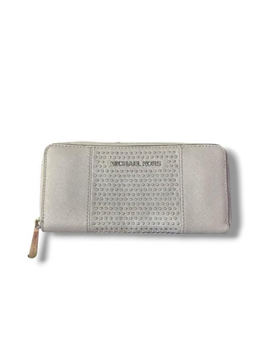 Michael Kors Grey Saffiano Leather Micro Stud Travel Zip Around Wallet